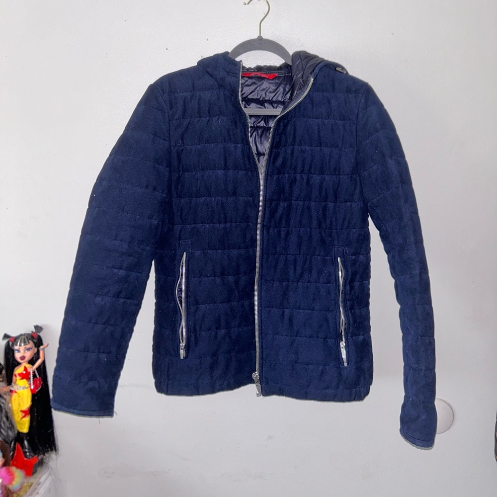 ZARA Men’s Navy-Blue Suede Hooded Puffer Coat